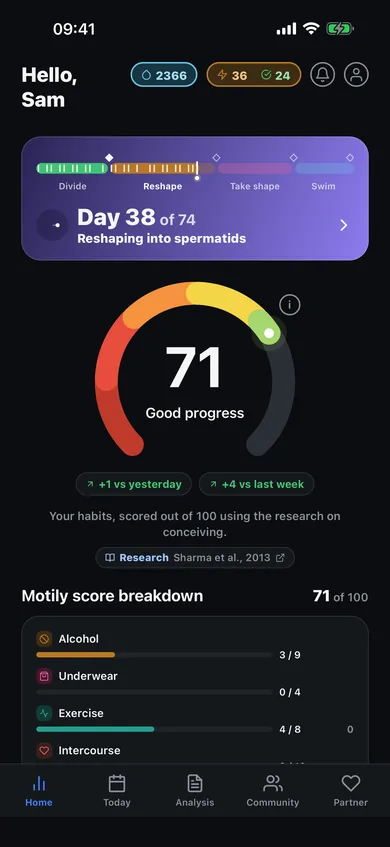 The Motily Home tab: day 38 of the 74-day journey, a Motily score of 71 out of 100, and the score breakdown by habit